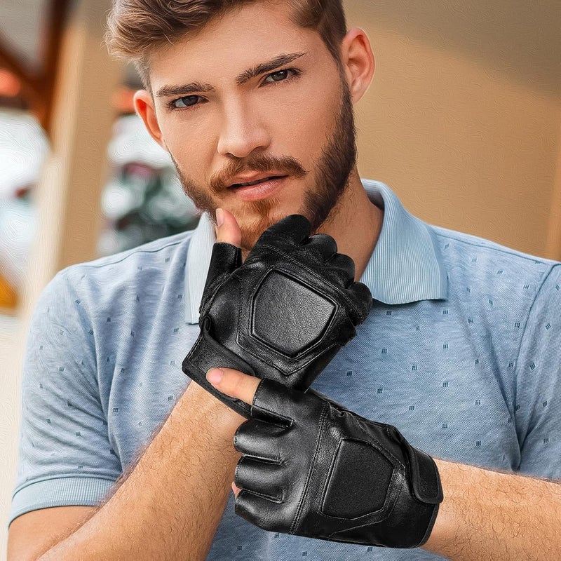 accmor Genuine Leather Cycling Fingerless Gloves, Outdoor Driving Motorcycle Sport Half Finger Glove for Men Women Teens - Image 4